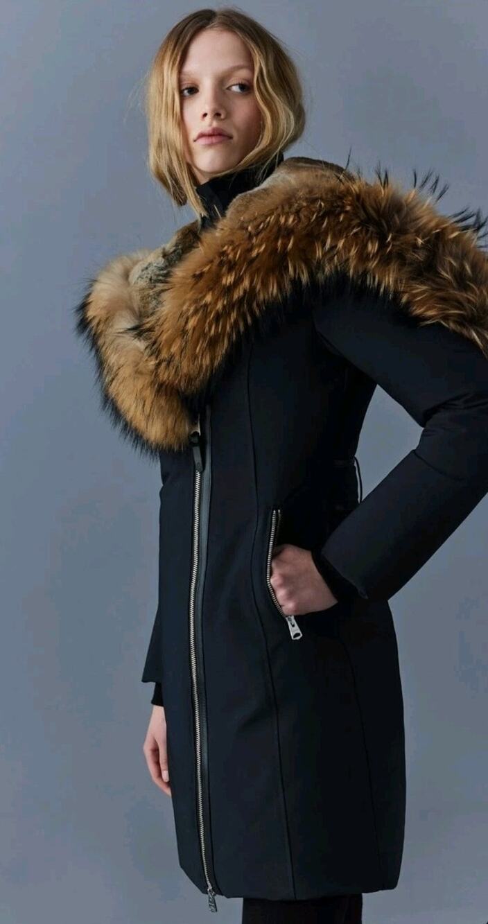 $1800 Mackage Trish Black Hooded Kay Down Parka Coat Jacket W Fur Collar Sz XXS